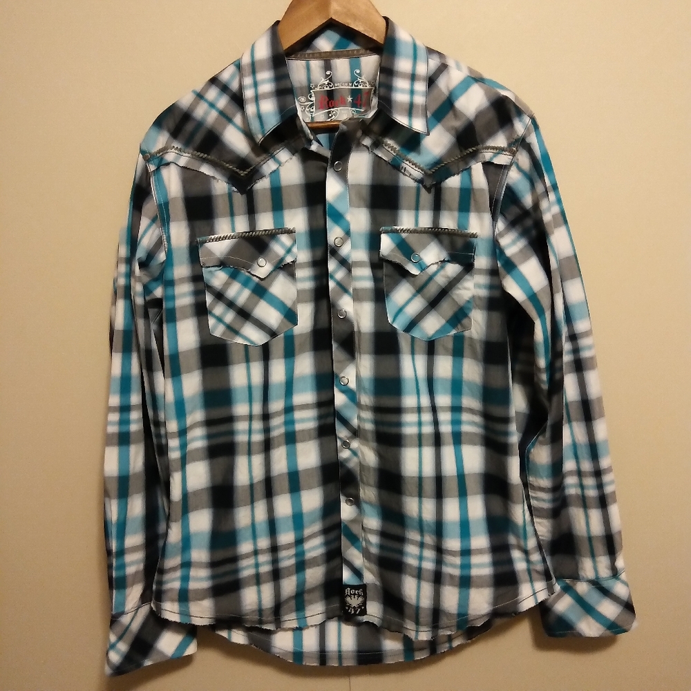 Rock 47 By Wrangler Plaid  Pearl Snap Men's Shirt